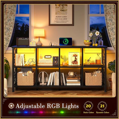 8 Cube Storage Organizer with LED Light and Charging Station, Wood and Metal Cube Shelf, Long Horizontal Book Shelf for Bedroom, Home Office, Black