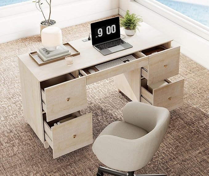 WAMPAT Executive Desk with 4 Deep Drawers, 58 Inch Modern Wooden Office Desk with Charging Station & Keyboard Tray, Home Office Large Computer Desk, Work & Study Writing Desk, Light Oak