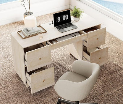 WAMPAT Executive Desk with 4 Deep Drawers, 58 Inch Modern Wooden Office Desk with Charging Station & Keyboard Tray, Home Office Large Computer Desk, Work & Study Writing Desk, Light Oak