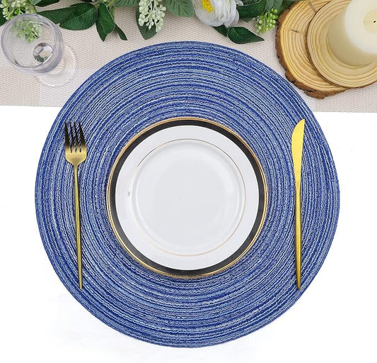 SHACOS Round Braided Placemats 15 inch Set of 6 Washable Kitchen Table Placemats for Home Wedding Party (Blue White, 6)