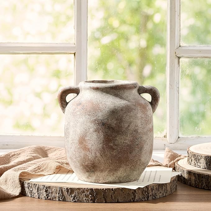 Ceramic Flower Vase Home Decor - Farmhouse Rustic Table Vases with Handle Living Room Decoration Decorative Vintage Pottery for Kitchen Shelf Coffee Dining Bookshelf Fireplace Centerpiece (6" Retro)