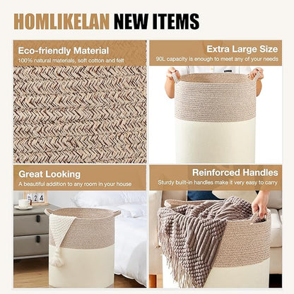 90L Jumbo Woven Laundry Hamper,17" x 17" x 24" Extra Large Laundry Basket for Blanket Storage,Tall Baby Nursery Hamper for Toys in Bedroom,Living Room Brown&White