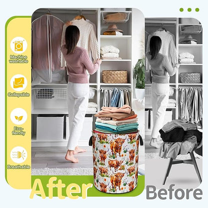 Highland Cow Laundry Basket Funny Cattle Foldable Waterproof Oxford Cloth Tote Bag Laundry Hamper Round Large Clothes Storage Bucket Toy Organizer For Bathroom/Laundry Storage/Bedroom 18.9x16.5 Inch