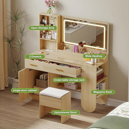 GOODONE 47'' Wood Vanity Desk with Mirror and Lights, Makeup Girls Vanity Set with 2 Drawers, 2 Storage Shelves & 1 Cabinet, Power Outlet, Stool, Dressing Table for Bedroom, Nature