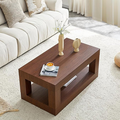 LKTART 39.37" Coffee Table with Storage, 2-Tier Mid Century Rectangular Accent Table with Thick Tabletop, Rustic Style Cocktail, Center Table for Living Room, Office, Apartment (Dark Walnut)