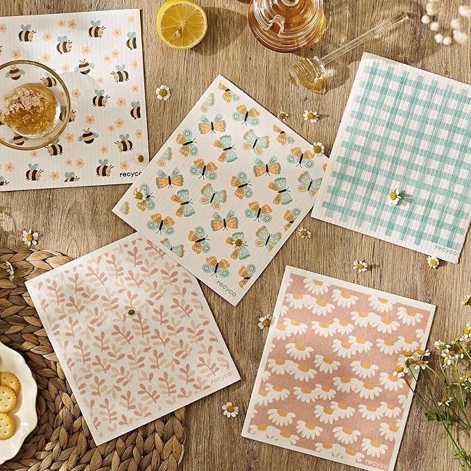 RECYCO Swedish Dishcloths for Kitchen | 5 Pack Gingham Flutter Washable Dish Rags | Cellulose Reusable Cleaning Paper Towels | Absorbent Counter Dish Cloth Sponge Kitchen Wipes, 8" L x 7" W
