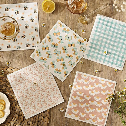 RECYCO Swedish Dishcloths for Kitchen | 5 Pack Gingham Flutter Washable Dish Rags | Cellulose Reusable Cleaning Paper Towels | Absorbent Counter Dish Cloth Sponge Kitchen Wipes, 8" L x 7" W
