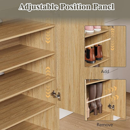 Shoe Cabinet Storage for Entryway, 5 Tier Fluted Shoe Storage Cabinet with Wooden Legs, Narrow Hidden Shoe Organizer with Adjustable Shelves, Freestanding Shoe Rack for Entryway, Hallway, Oak