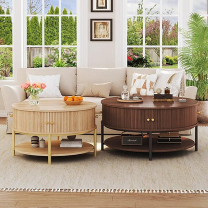 HUAHUU 31.5" Round Coffee Table with Storage, Mid Century Modern Coffee Table with Sliding Cabinet Door, Round Metal Legs, 3-Tier Small Round Coffee Tables for Living Room, Walnut