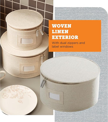 storageLAB China Storage Containers, Hard Shell Case with Felt Dividers for Charger Plates, and Dishes, Ideal for Kitchen Organization, Moving Supplies, and Fine China Storage - 4-Piece Set, Cream