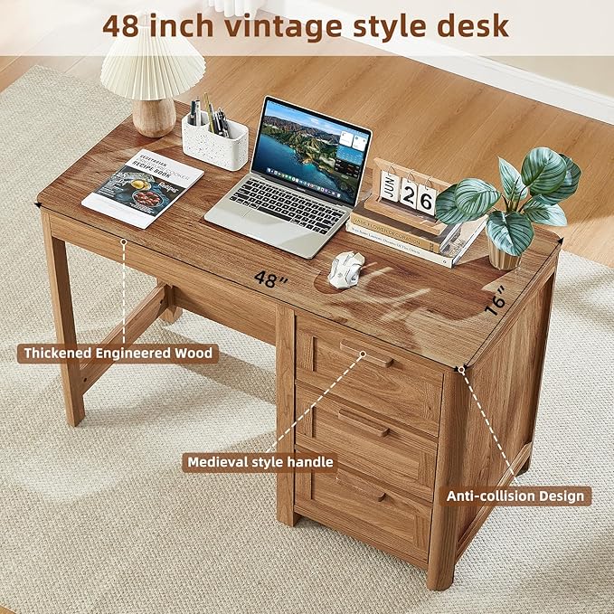 48'' Farmhouse Executive Desk with Storage, Wooden Home Office Desk with Drawer and Vintage Handle, Large Computer Writing Desk for Study, Bedroom, Living Room （Dark Wood）