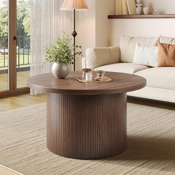 31.5" Round Coffee Table, Mid Century Modern Fluted Tambour Coffee Table, Engineered Wood Small Circle Center Table, Drum Accent Modern Living Room Table, Walnut