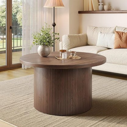 31.5" Round Coffee Table, Mid Century Modern Fluted Tambour Coffee Table, Engineered Wood Small Circle Center Table, Drum Accent Modern Living Room Table, Walnut