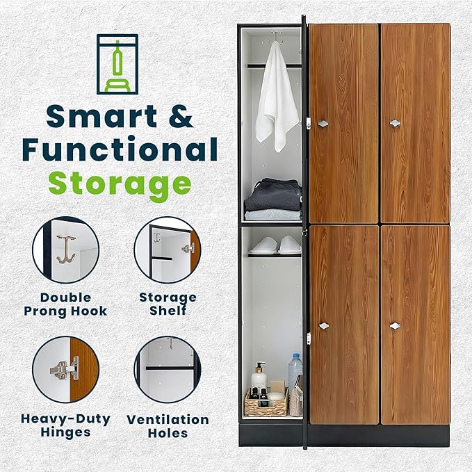 Alpine 6 Door Wooden Locker Cabinet - 72" Expandable Commercial Storage Lockers for Gym, Spa, Office & Golf Club - Includes Metal Base & Lock-Ready Handles, Triple Column 2 Tier - Oak