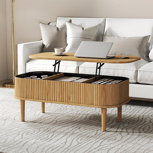 Fluted Lift Top Coffee Table with Hidden Storage, Oval Coffee Table with Lifting Top, Mid Century Modern Design for Living Room, Office & Small Spaces, Natural
