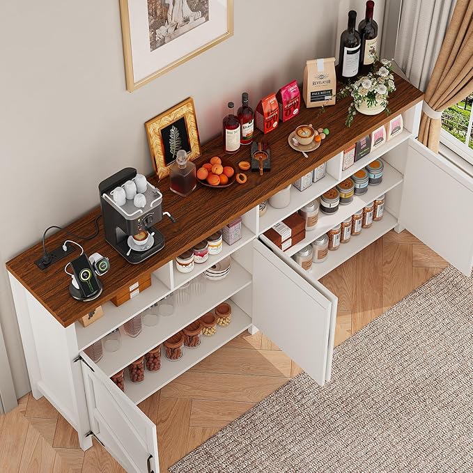63'' Buffet Sideboard with Storage with Power Outlets & LED Light 4 Doors, Large Farmhouse Kitchen Storage Cabinet Wood Coffee Bar Cabinet Buffet Table for Kitchen, Dining Room, Entryway