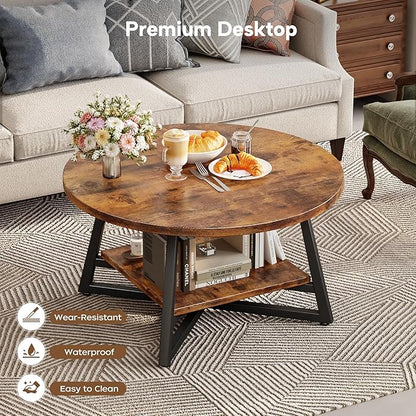 Round Coffee Table, Small Circle Coffee Table with Storage, Modern Wood Round Center Table for Living Room, Home Office, Small Space, Easy Assembly, Rustic Brown