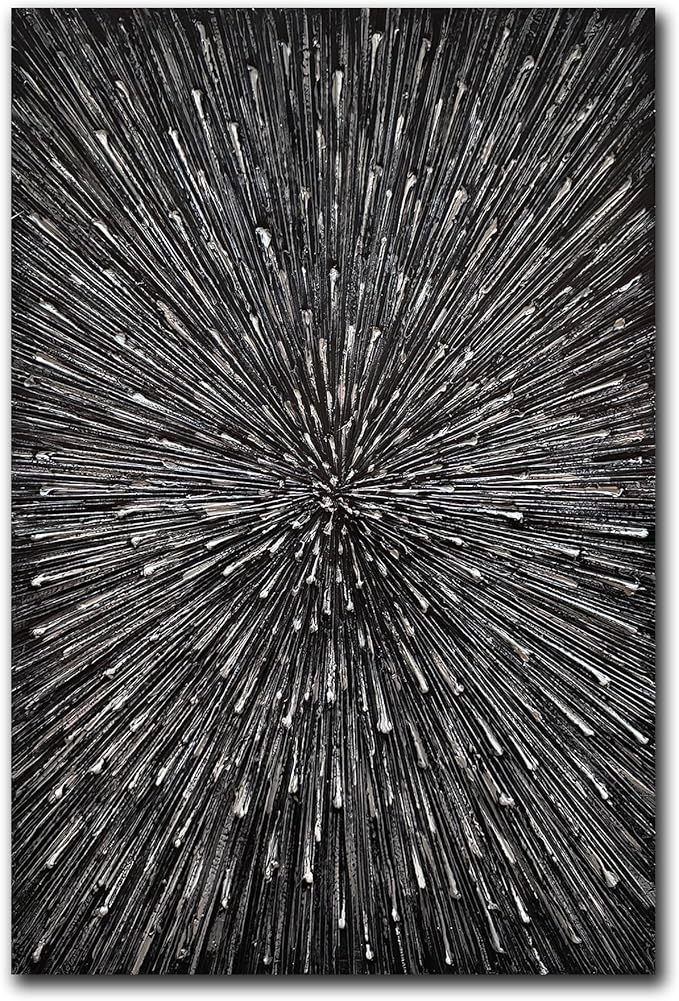 moshinart 24 x 36in Hand-Painted Oil Painting 3D Texture Sense of Space Silver Firework Modern Minimalist Colorful Abstract Wall Art, Home Office Wall Decoration Silver