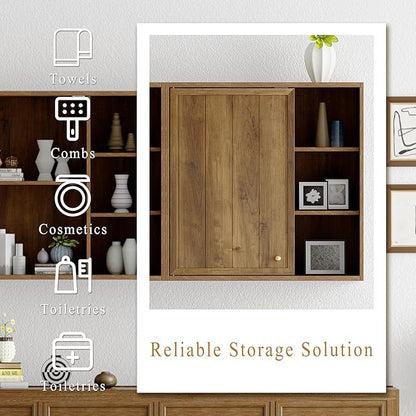 Bathroom Wall Cabinet Set of 2, Small Wall Cabinet Over Toilet with Door and Adjustable Shelf, Rustic Medicine Cabinet for Kitchen, Garage, Livingroom, Laundry Room (Brown, 2 PCS)