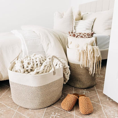 OrganiHaus Large Woven Storage Basket for Blankets and Toys 20" x 13" Inch, Rope Laundry Basket with Handles, Cushions & Pillows Storage Bin, Nursery Hamper, Soft Round Dog Toy Bin - Brown/Off-White