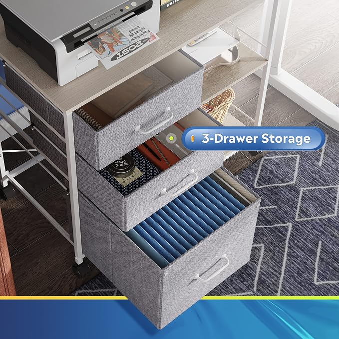 DEVAISE 3 Drawer Mobile File Cabinet, Rolling Printer Stand with Open Storage Shelf, Fabric Lateral Filing Cabinet fits A4 or Letter Size for Home Office, Light Grey