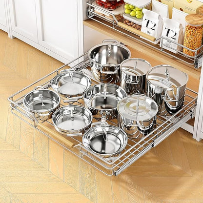 Pull out Cabinet Organizer, 21"W X 21"D, Heavy Duty Smooth Sliding Under Cabinet Shelves for Pots and Pans, Full-Extension Roll out Drawers, Slide out Organization for Home Kitchen Pantry