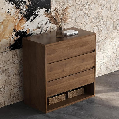 29.52" Mid Century Modern Nightstand, 3-Drawer Bedside Table with Open Shelf, Walnut Brown, Bedroom Dresser and Living Room Storage Cabinet for Small Apartment or Entryway