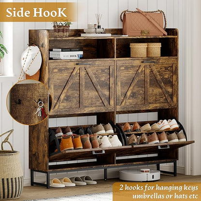 Shoe Cabinet Storage for Entryway, Shoe Storage Cabinet with 3 Flip Drawers, Freestanding Narrow Shoe Rack Organizer with Metal Legs for Foyer, Hallway, Brown