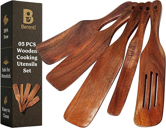 Wooden Spurtle Set – 5 Pcs Acacia Spurtle Spatula for Cooking - Natural Surtle Kitchen Tools for Nonstick Cookware, Salad Mixing, Serving & Stirring