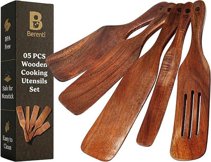 Wooden Spurtle Set – 5 Pcs Acacia Spurtle Spatula for Cooking - Natural Surtle Kitchen Tools for Nonstick Cookware, Salad Mixing, Serving & Stirring