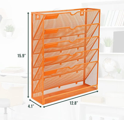 EASEPRES 6 Tier Mesh Hanging Wall File Organizer, Desk Vertical Mail Paper Document Folder Holder Rack with Bottom Tray and Nametag Label for Office Home School, Orange