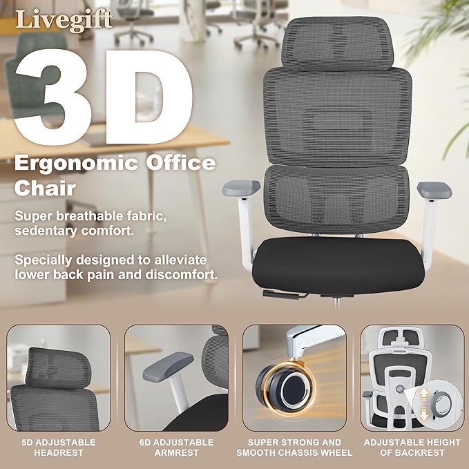 Ergonomic Office Chair with Lumbar Support,Headrest, and6D Armrests - Mesh Computer Chair with Coat Hook-500 lbsWeight Capacity - Extra-Wide Seat- High-Back Office Chair, Black