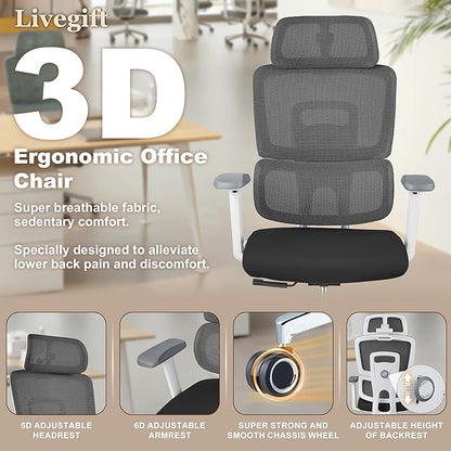 Ergonomic Office Chair with Lumbar Support,Headrest, and6D Armrests - Mesh Computer Chair with Coat Hook-500 lbsWeight Capacity - Extra-Wide Seat- High-Back Office Chair, Black