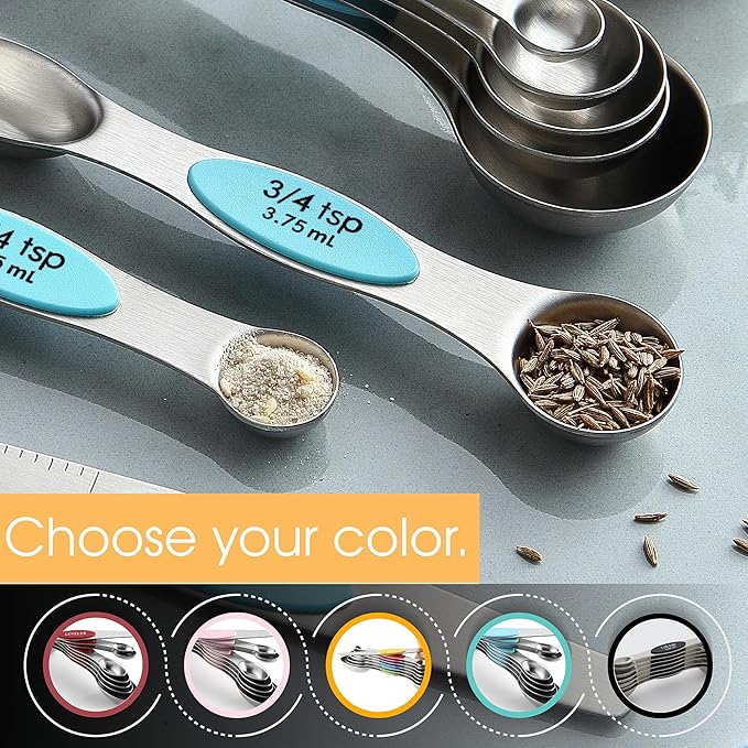 Spring Chef Stainless Steel Magnetic Measuring Spoons Set of 8 with Leveler, Nesting Metal Teaspoon & Tablespoon Measuring Spoons, Fits in Spice Jars, Kitchen Gadgets for Baking & Cooking - Aqua Sky