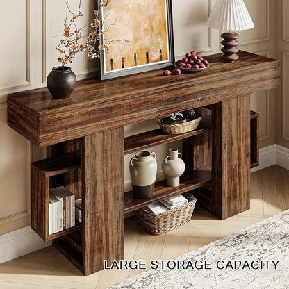 63 Inch Long Console Table for Entryway, Farmhouse Wooden Sofa Table Behind Couch with 3-Tier Storage Shelf, Narrow Entry Accent Table for Living Room, Hallway, Foyer, Vintage Brown