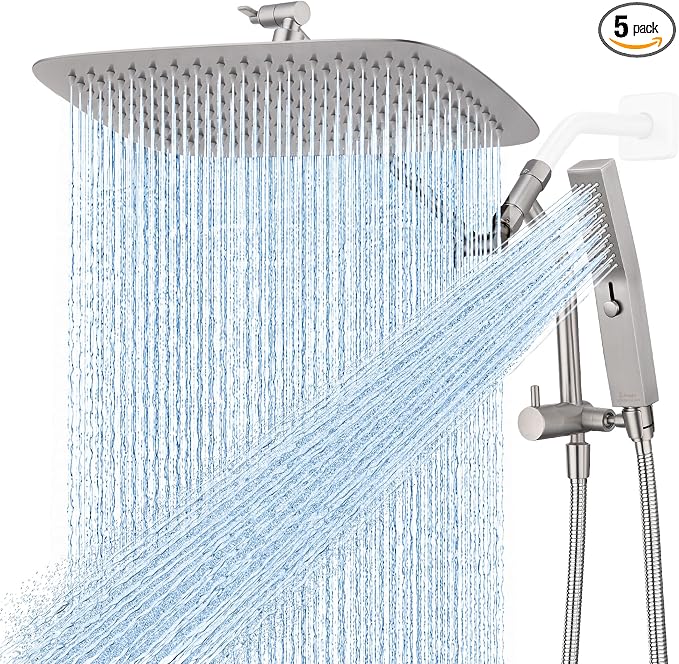 G-Promise All Metal 14 Inch Rain Shower Head with Massage Mode Handheld Spray Combo, 3-Way Diverter with Pause Setting, Full Body Coverage, Modern Bathroom Upgrade (Brushed Nickel)