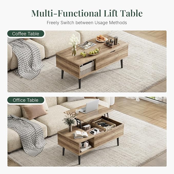 Wood Lift Top Coffee Table with Hidden Storage Compartment & Open Shelf, Multi-Functional Wooden Tabletop Dining Table for Living Room, Home Small Space