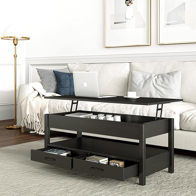 Panana Modern Coffee Table Lift Top Coffee Table with Drawers and Hidden Compartment, Tea Table with Wooden Lift Tabletop, for Living Room (Black)