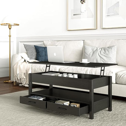 Panana Modern Coffee Table Lift Top Coffee Table with Drawers and Hidden Compartment, Tea Table with Wooden Lift Tabletop, for Living Room (Black)