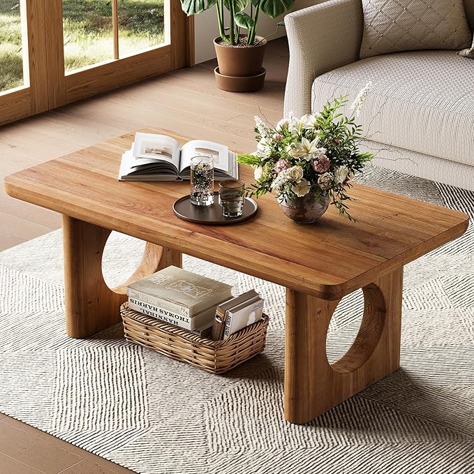 LITTLE TREE Solid Wood Coffee Table, Modern Farmhouse Coffee Table with Thick Tabletop, Rectangle Center Table for Living Room, Home Office, Bedroom, Brown