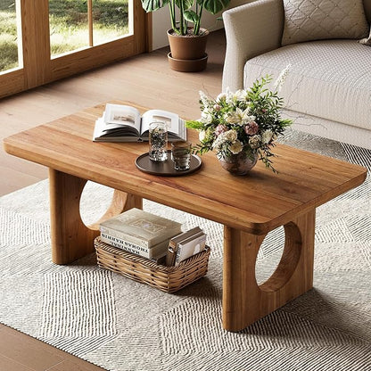 LITTLE TREE Solid Wood Coffee Table, Modern Farmhouse Coffee Table with Thick Tabletop, Rectangle Center Table for Living Room, Home Office, Bedroom, Brown