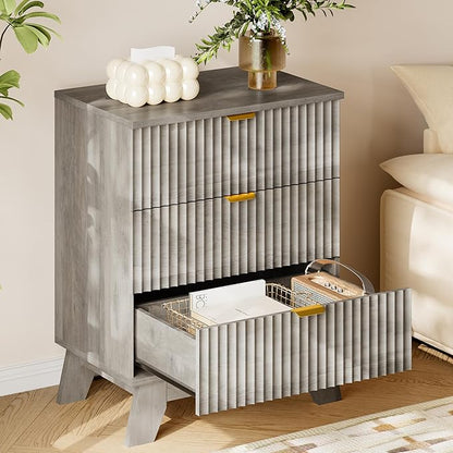 30.5" Nightstand with Charging Station, 3-Drawer Fluted Bedroom Chest, Wood Bedside Dresser with Power Outlets and USB Ports, Metal Slides, Stable Base, Modern Storage Cabinet for Small Spaces