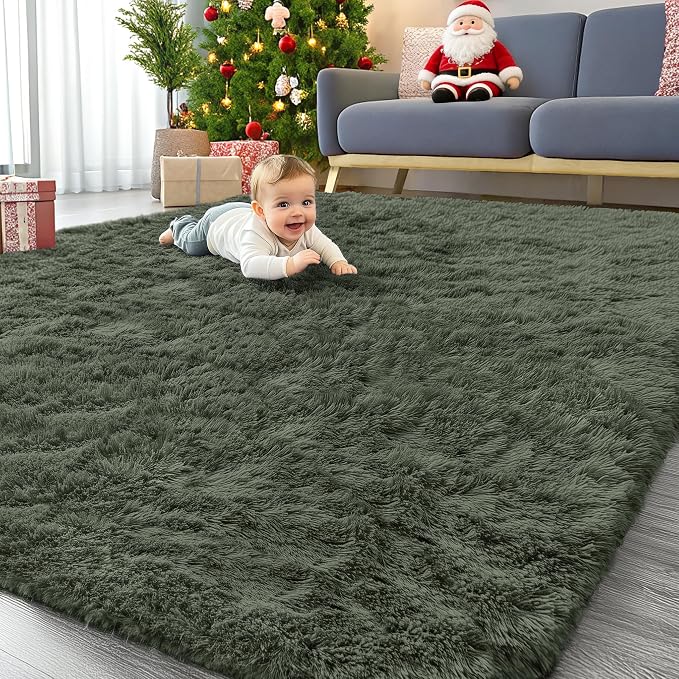 OLANLY 8x10 Machine Washable Large Area Rugs for Living Room, Bedroom, Soft Fluffy Shaggy Bedside Rug, Indoor Floor Carpet for Kids Girls and Boys, Dorms, Nursery, Home Decor Aesthetic, Olive Green