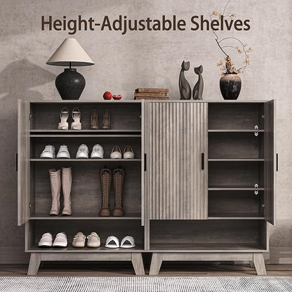 4-Tier Fluted Shoe Cabinet with 2 Doors & Open Shelf, Mid Century Modern Shoe Storage Organizer with Adjustable Shelves, Metal Handles & Wood Legs, Hidden Shoe Rack for Entryway, Hallway