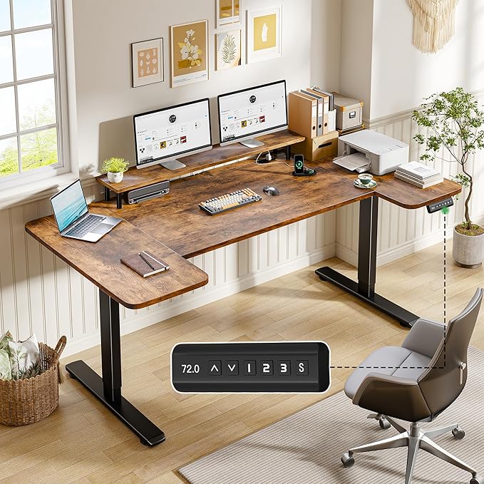 EnHomee 71 Inch Standing Desk Adjustable Electric with Monitor Stand, Computer Desk with Power Strip, Memory Height Home Office Desk for Home and Study Room, Rustic Brown