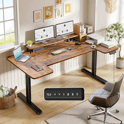 EnHomee 71 Inch Standing Desk Adjustable Electric with Monitor Stand, Computer Desk with Power Strip, Memory Height Home Office Desk for Home and Study Room, Rustic Brown