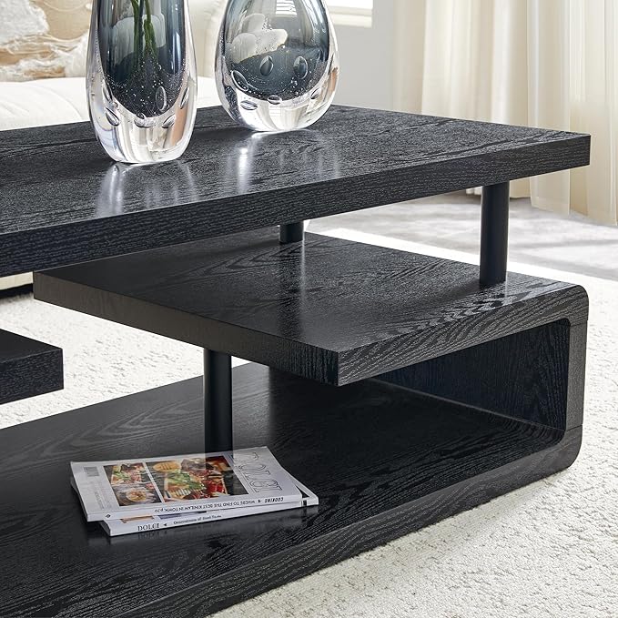 43.5" Coffee Table, 3-Tier Modern Center Table with Storage, Large Wood Coffee Table for Living Room, Office, Apartment (Black)