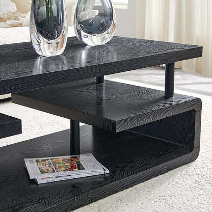 43.5" Coffee Table, 3-Tier Modern Center Table with Storage, Large Wood Coffee Table for Living Room, Office, Apartment (Black)