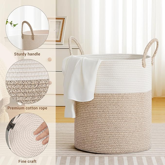 SunNewt Tall Laundry Basket with Handles, 88L Portable Dirty Clothes Hamper, Boho Cotton Rope Storage Bin for Blankets Kids Toys Gifts, Large Organizer for Baby Nursery Bedroom Bathroom, New Brown