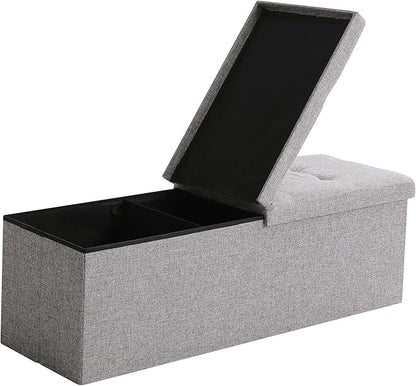 Cuyoca 45.3 Inches Foldable Seat Footrest Shoe Bench End of Bed Storage with Flipping Lid, 166L Upholstered Tufted Bench, Linen Fabric Grey